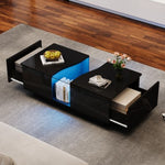 Led Coffee Table With 2 Drawer Storage, High Gloss Coffee Table For Living Room Unique Shape Centre Table With 16-Color Led Lights,End Table For Home Office Furniture, Black