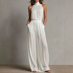 Womens Chiffon Spliced Sleeveless High-Neck Backless Wide-Leg Jumpsuit