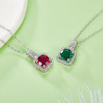 S925 Sterling Silver 2ct Lab-Grown Ruby Emerald Pendant Necklace, Platinum Plated Square Halo With Split Pave Bail, Women's Fine Jewelry Gift Box