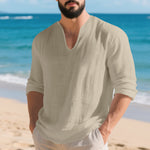 Mens Linen Casual Loose-fit V-neck Long-sleeve Shirt