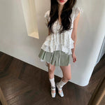 Pleated Floral-print Ruffled Blouse Vest With Ribbons