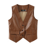 Retro Loose PU Vest Womens Short Brown Spring Outerwear