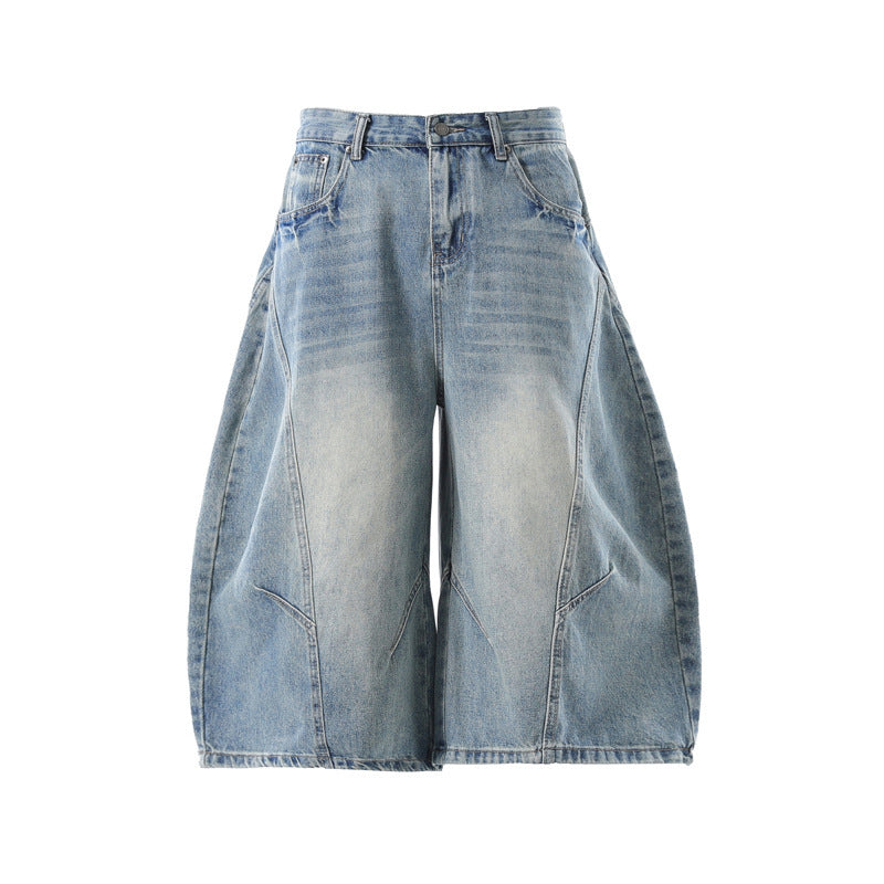 Retro Deconstructed Scimitar Denim Capri Shorts