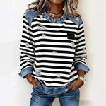 Christmas Crew-Neck Raglan Denim Patchwork Sweatshirt
