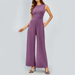 Womens Round-neck Solid-color Sleeveless Slim-fit Long Casual Jumpsuit