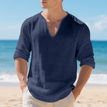 Mens Linen Casual Loose-fit V-neck Long-sleeve Shirt