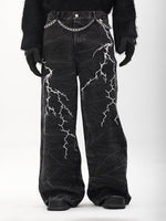 American-style Vintage Niche Washed Denim Jeans With Lightning-stripe Embroidery