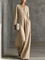 Womens V-neck Long-sleeve Relaxed-fit Wide-leg Jumpsuit
