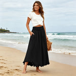 High-waisted Elastic-waist Long Skirt With Ruffled Hem