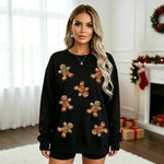 Womens Christmas Gingerbread Man Glittery Loose-Fit Pullover Hoodie