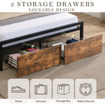 Queen Size Bed Frame With Storage Headboard And 2 Drawers, LED Lights Bed With Charging Station