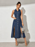 New Women's Retro-Style Washed Blue Collared Sleeveless Single-Breasted Denim Dress With Slits And Pockets, Summer Outfits For Women
