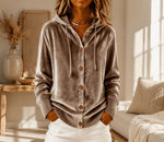 Buttoned Velvet Hooded Cardigan Solid-Color Coat For Women
