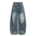 American-style Vintage Ice-blue Pleated Bootcut Jeans