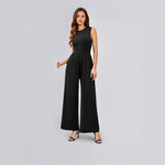 Womens Round-neck Solid-color Sleeveless Slim-fit Long Casual Jumpsuit