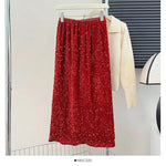 Womens Solid-Color Velvet Sequin Slit Skirt