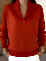Fashionable Solid-color V-neck Long-sleeve Loose-fit Pullover