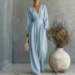 Fitted-waist V-neck Long-sleeve Womens Solid-color Jumpsuit