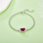 S925 Sterling Silver Lab-Grown Ruby Bracelet, 8x6mm Emerald Cut Halo Adjustable Cuban Chain, Platinum Plated 5.4g Women's Jewelry Gift Box