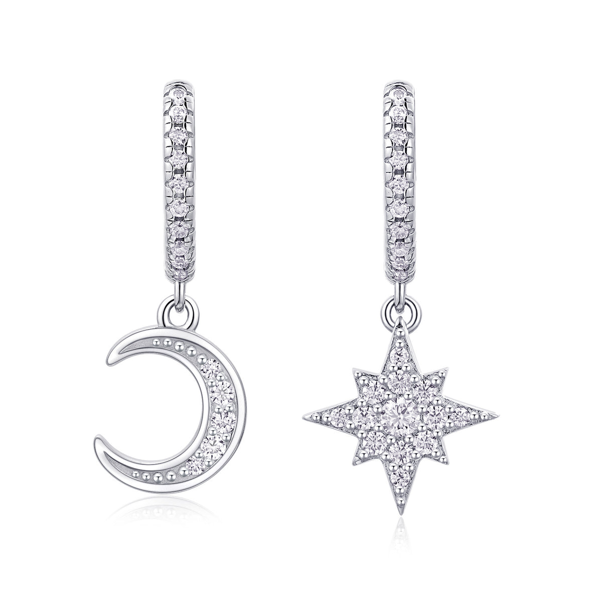 S925 Sterling Silver Star And Moon Huggie Drop Earrings, D-VVS1 Moissanite, Platinum Plated 4.2g Women's Celestial Jewelry Gift Box