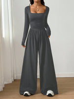 Long-sleeve Square-neck Casual Wide-leg Jumpsuit