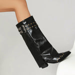 Rivet Chunky Heel Belt Buckle Tall Boots Women