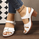 Summer New Solid-color Peep-toe Sandals With A Strap-and-buckle Design And A Chunky Heel