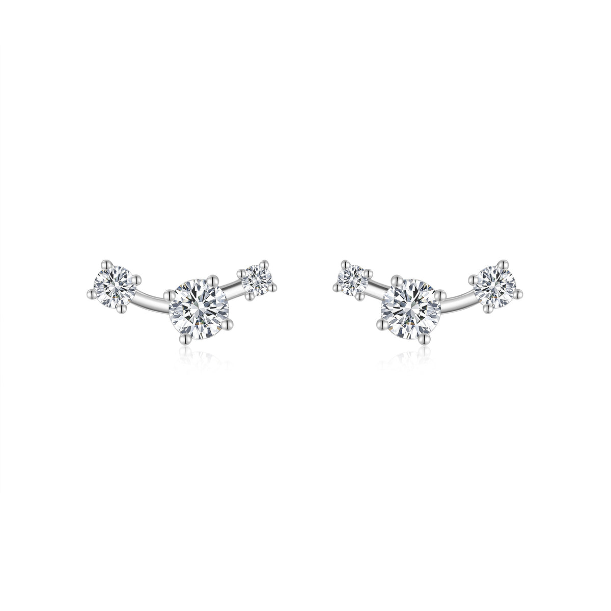 S925 Sterling Silver Three-Stone Curved Stud Earrings, 0.5ct D-VVS1 Moissanite, Platinum Plated 2.1g With GRA Certificate Gift Box