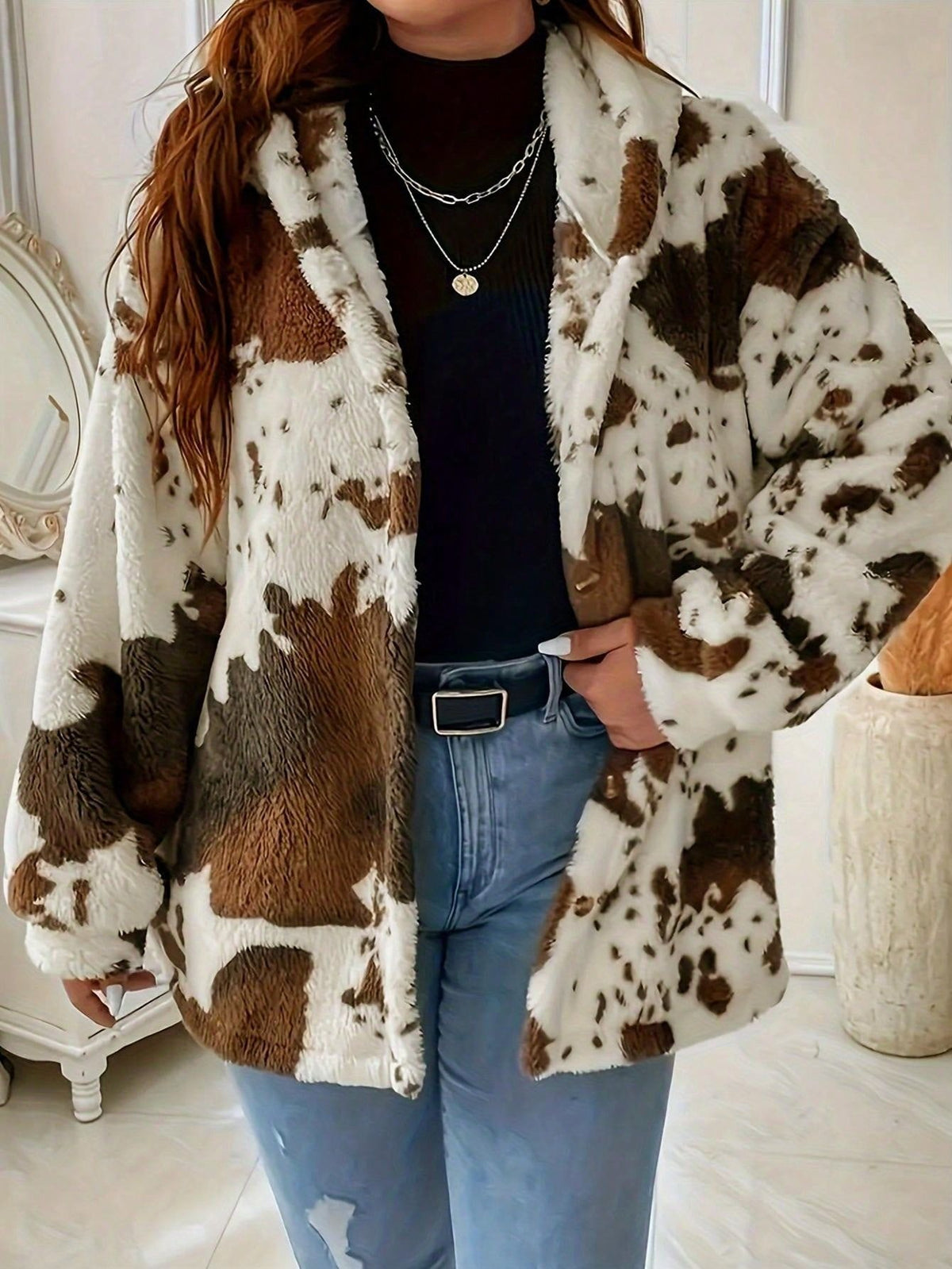 Women's Cow Print Button Plush Coat, New European & American Casual Fashion Hoodie