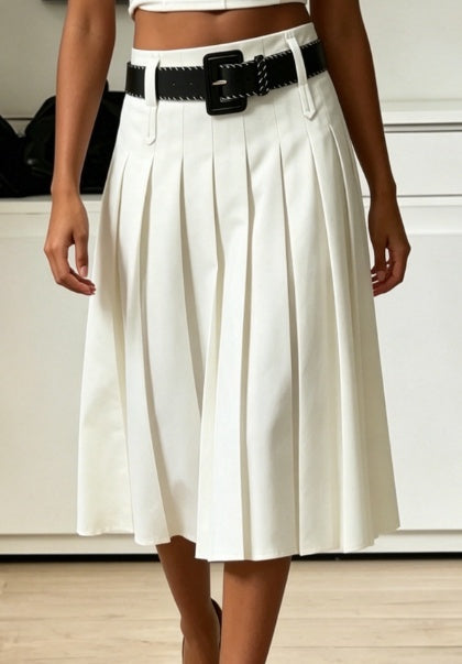 High Waist Pleated Midi Skirt With Contrast Belt