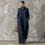 Long-sleeve Mandarin-collar Loose-fit Single-breasted Jumpsuit