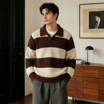 Mens Drop-shoulder Striped Lapel Loose-fit Sweater