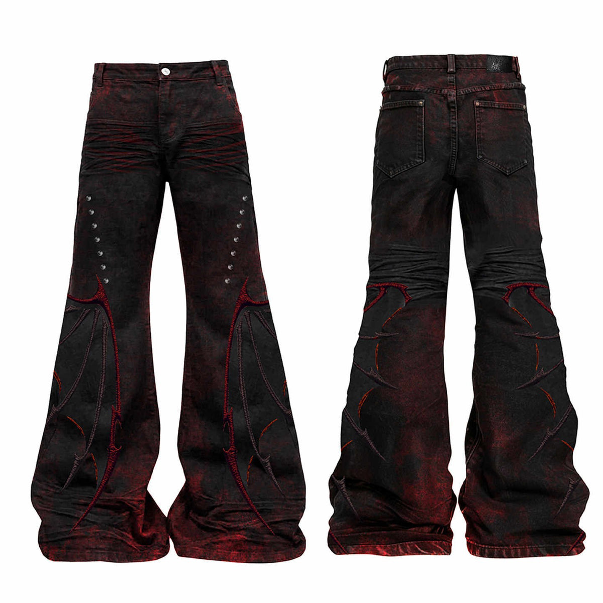 Dark Punk Red-and-black Distressed Flared Pants