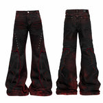 Dark Punk Red-and-black Distressed Flared Pants