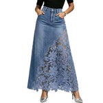 Washed Denim Lace-Panel Long Bodycon Skirt