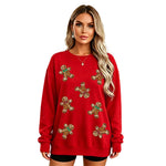 Womens Christmas Gingerbread Man Glittery Loose-Fit Pullover Hoodie