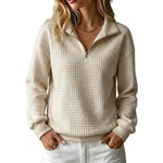 Loose-fit Waffle-knit Stand-collar Zip-up Long-sleeve Womens Sweatshirt
