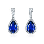 S925 Sterling Silver Teardrop Dangle Earrings, 7x11mm Lab-Grown Ruby Sapphire Emerald With Halo, Platinum Plated 3.2g Women's Jewelry Gift Box
