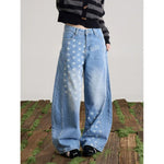 Womens American-Style Retro Washed Star-Print Wide-Leg Bootcut Jeans