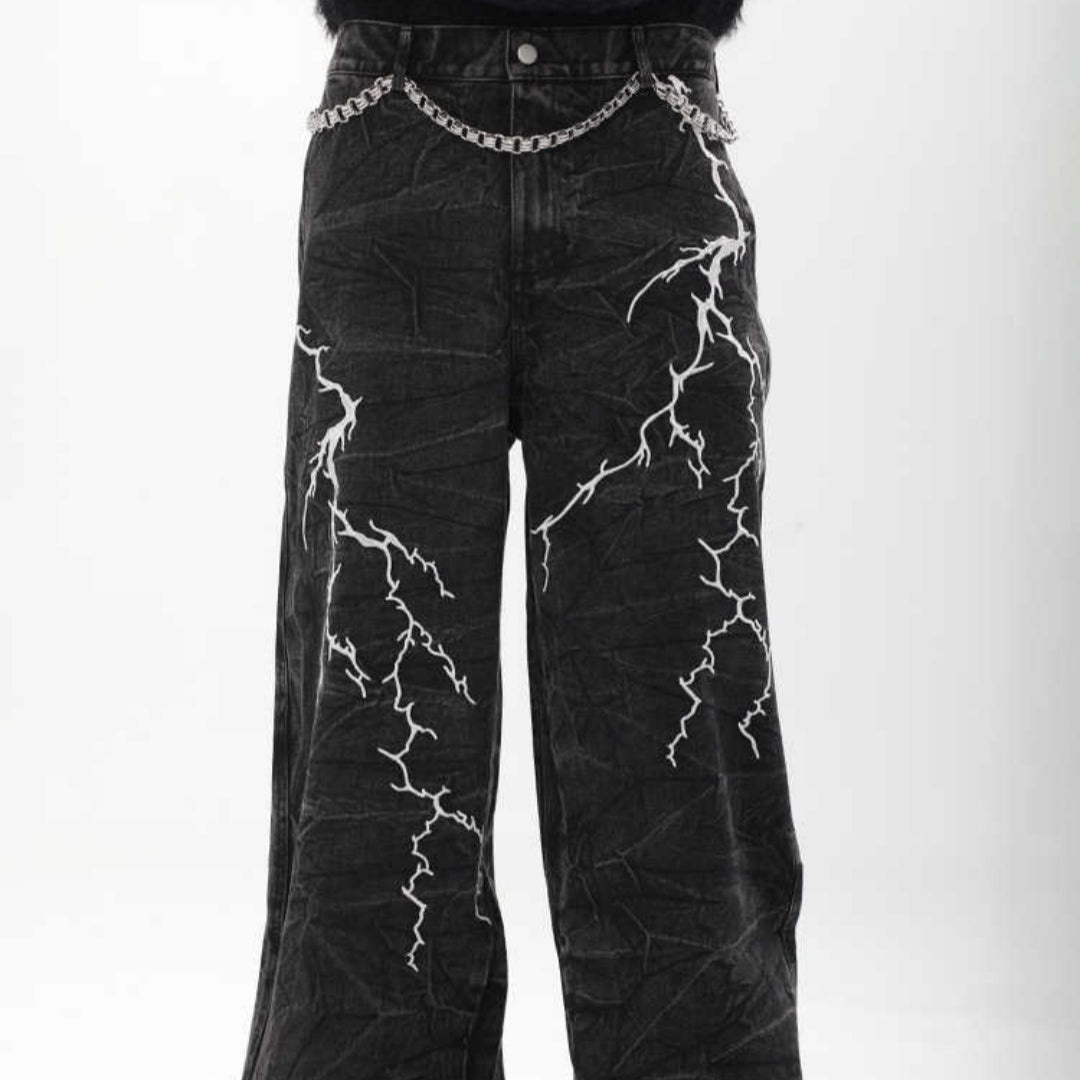 American-style Vintage Niche Washed Denim Jeans With Lightning-stripe Embroidery