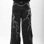 American-style Vintage Niche Washed Denim Jeans With Lightning-stripe Embroidery