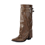 Rivet Chunky Heel Belt Buckle Tall Boots Women