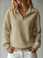 Loose-fit Waffle-knit Stand-collar Zip-up Long-sleeve Womens Sweatshirt
