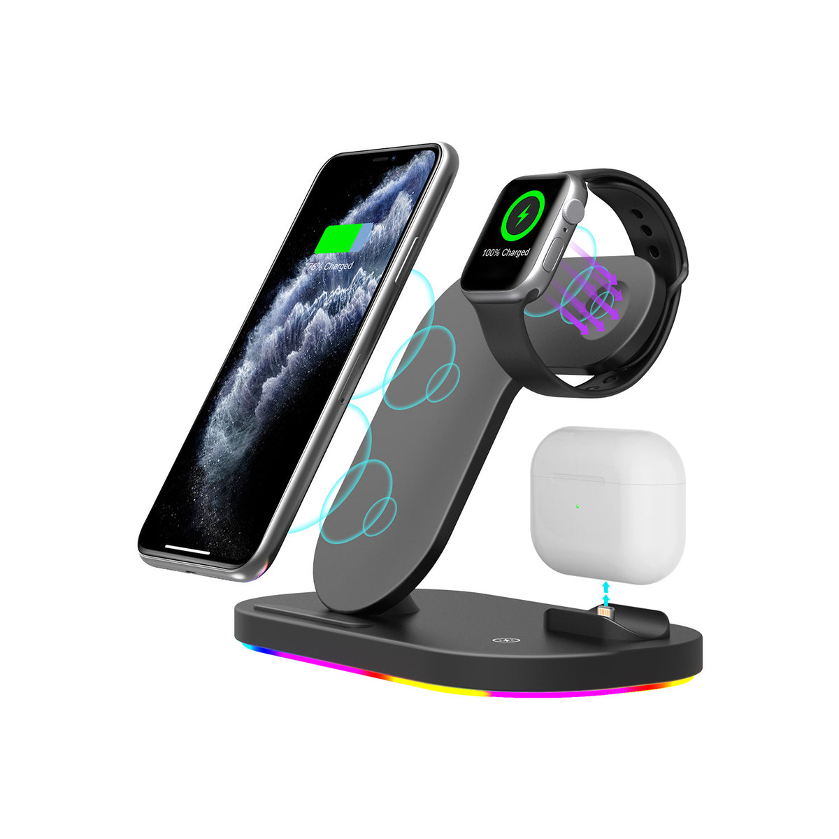 Compatible with Apple, Support De Chargeur Sans Fil Rapide Qi 15W Pour iPhone 12Pro XR Watch 3 en 1, Station De Charge Pliable Pour Airpods Pro IWatch