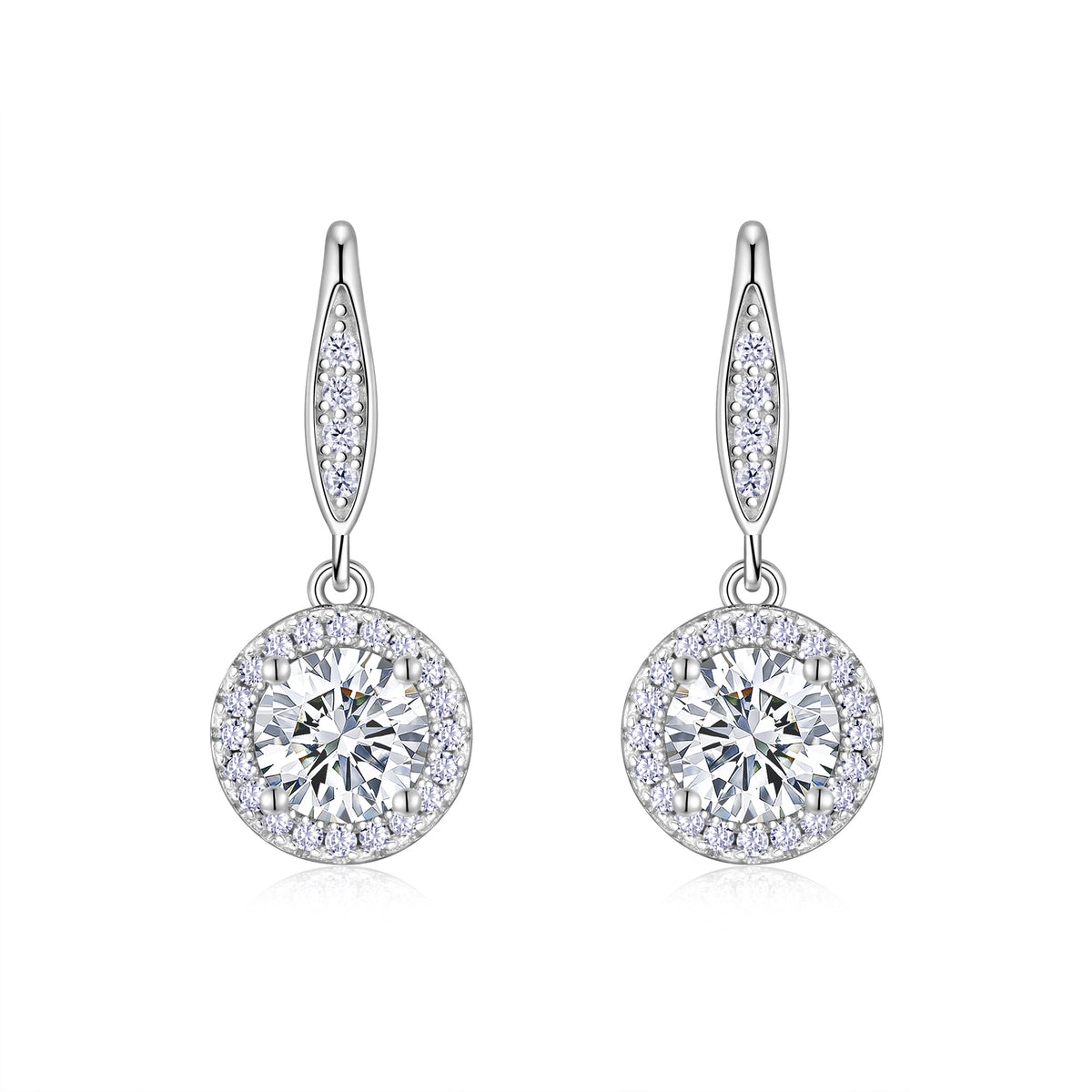 S925 Sterling Silver Halo Drop Earrings, 1ct D-VVS1 Moissanite, Lever Back Dangle With Pave Detail, Platinum Plated 3.3g, GRA Certificate Gift Box