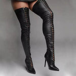 Pointed-toe Lace-up Side-zip Stiletto-heeled Over-the-knee Boots