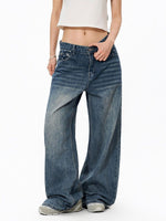 Star-print Wide-leg Denim Jeans For Women Washed Loose-fit Casual