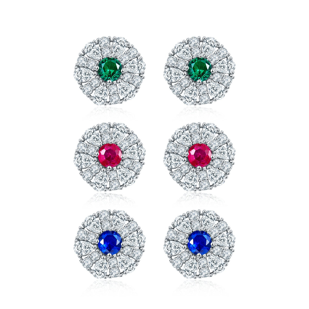 S925 Sterling Silver Cluster Stud Earrings, 3.5mm Lab-Grown Ruby Sapphire Emerald Halo, Platinum Plated 2.2g Women's Jewelry Gift Box
