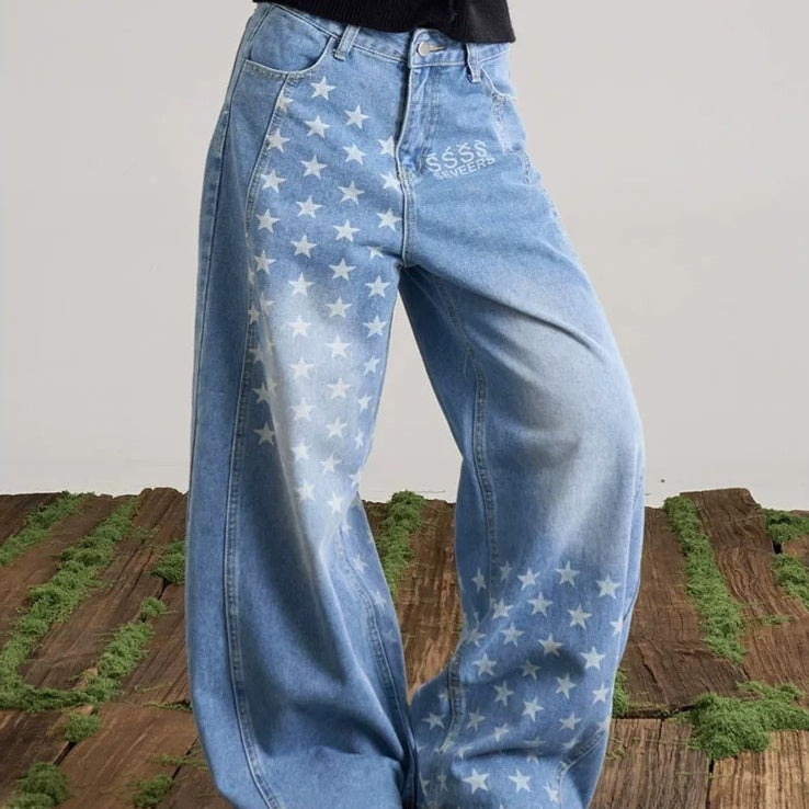 Womens American-Style Retro Washed Star-Print Wide-Leg Bootcut Jeans