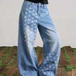 Womens American-Style Retro Washed Star-Print Wide-Leg Bootcut Jeans
